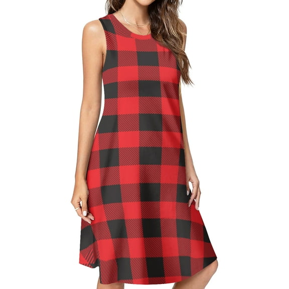 Buffalo Plaid Red Black Spring Summer Dresses for Women Fashion T-shirt Dress Casual Sleeveless Loose Sundress with Pockets