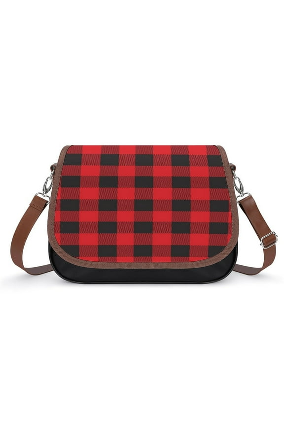 Buffalo Plaid Red Black Vintage Crossbody Bag for Women Medium Leather Hobo Bags Shoulder Bag Classic City Leather Satchels