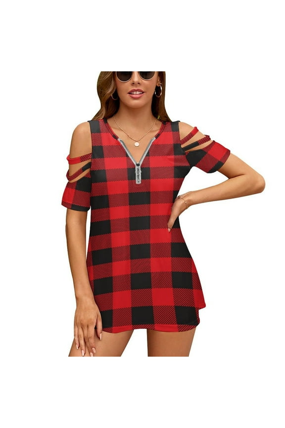 Buffalo Plaid Red Black Womens Summer V Neck Zipper Top Short Sleeve T Shirt Off Shoulder Top Casual Classy Loose Shirts