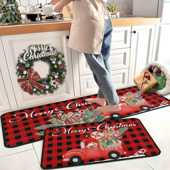 Buffalo Plaid Red Truck Christmas Kitchen Rugs 2 PCS, Merry Christmas Kitchen Rug, Non Skid Washable Soft Comfort Kitchen Rugs Set (17"x47"+17"x30",Merry Christmas)