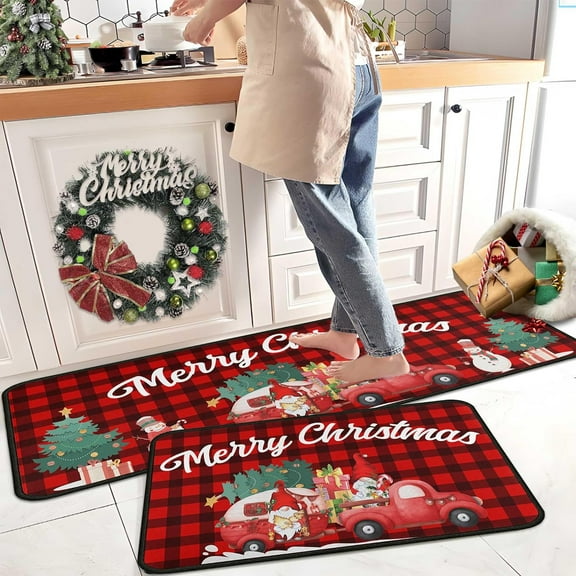 Buffalo Plaid Red Truck Christmas Kitchen Rugs 2 PCS, Merry Christmas Kitchen Rug, Non Skid Washable Soft Comfort Kitchen Rugs Set (17"x47"+17"x30",Merry Christmas)