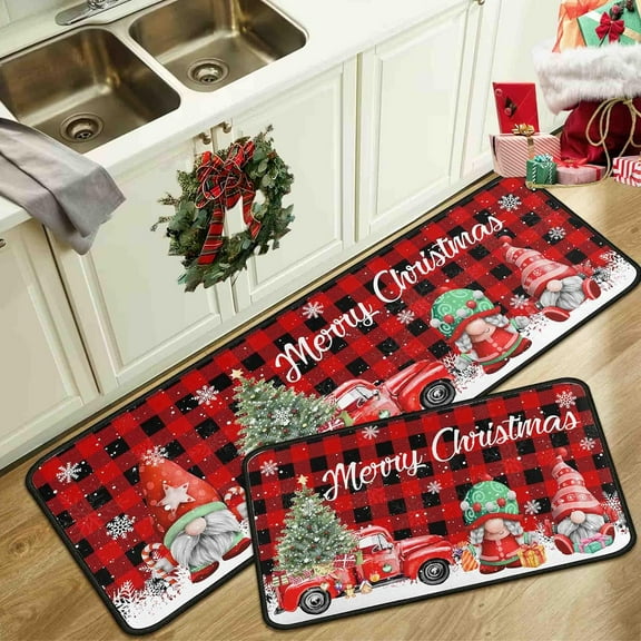 Buffalo Plaid Red Truck Christmas Kitchen Rugs and Mats Set of 2, Merry Christmas Tree Gnomes Snow Winter Holiday Party Low-Profile Floor Mat Decorations for Home Kitchen 17"x47"+17"x30"
