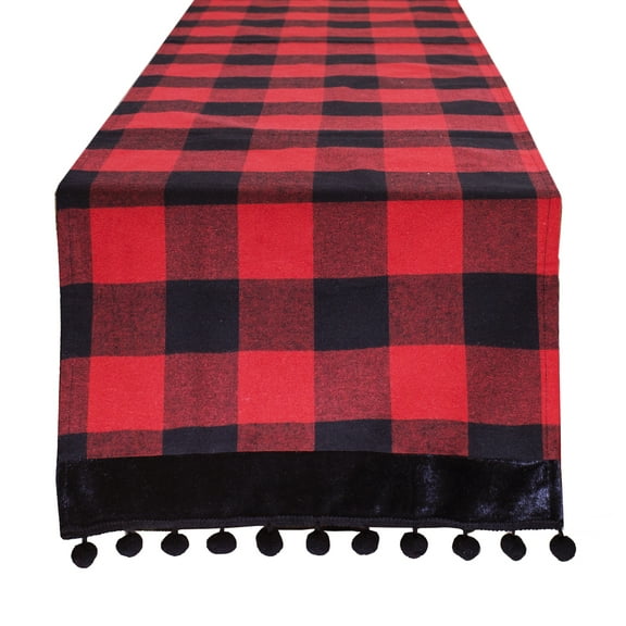 Buffalo Plaid Red and Black Velvet Pom Pom Trim Design Table Runner (Pom Pom Runner 16"x72")