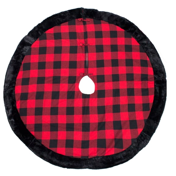 Buffalo Plaid Red and Black with Faux Fur Border Design Christmas Tree Skirt (Black Fur Tree Skirt 53")