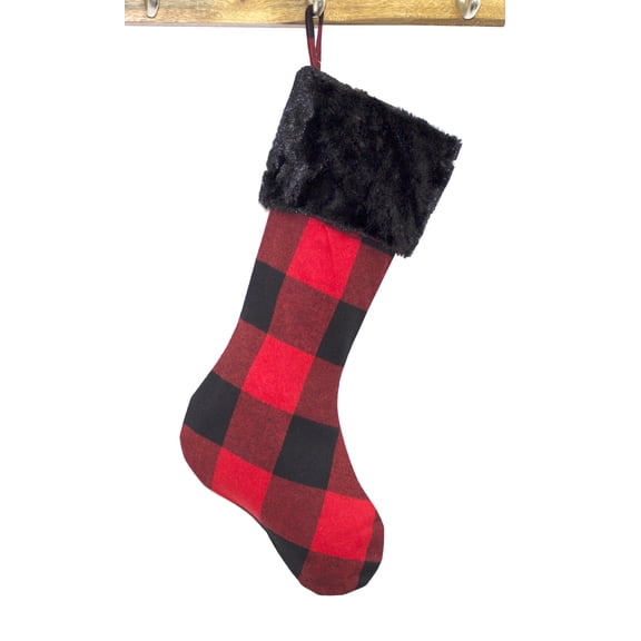 Buffalo Plaid Red and Black with Faux Fur Design Christmas Hanging Stocking (Black Fur Stocking 13"x19")