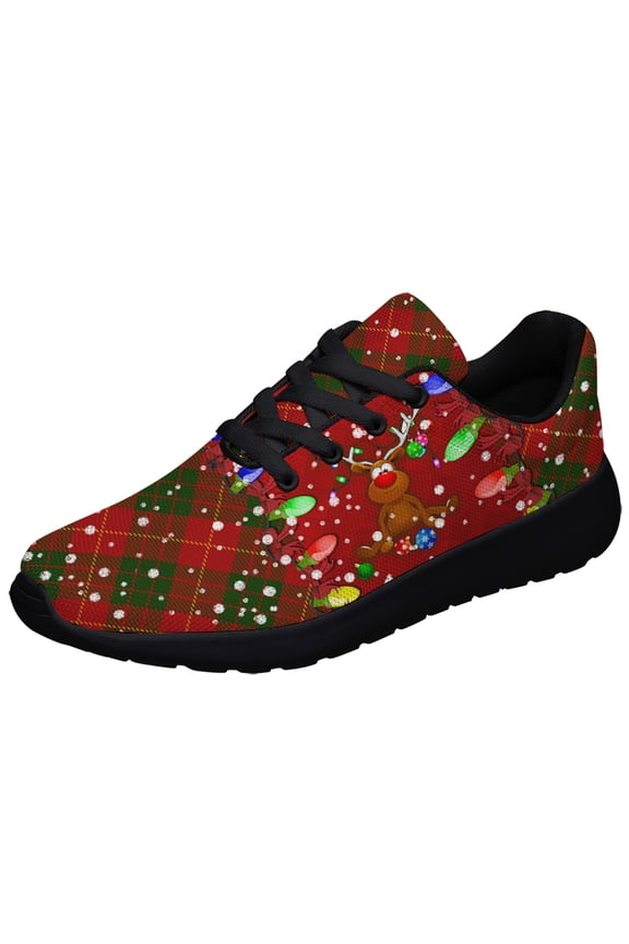 Buffalo Plaid Reindeer Shoes Womens Fashion Casual Shoes Mens Breathable Trail Running Sneakers Christmas Gifts for Girl Boy Black Size 11