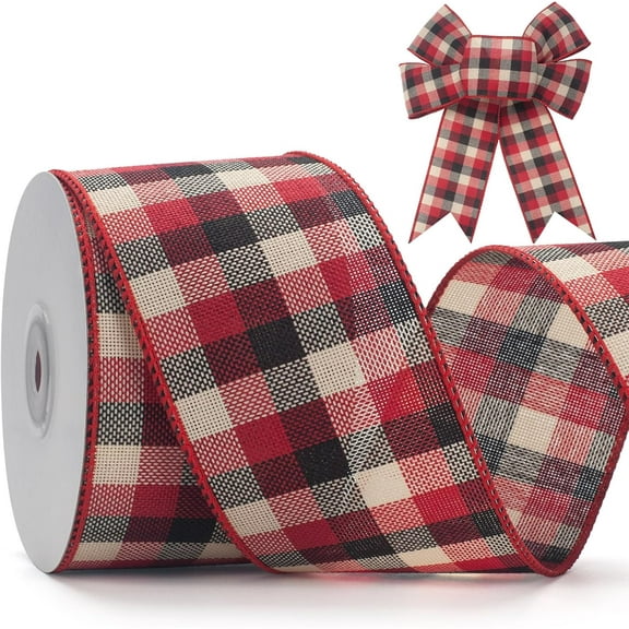Buffalo Plaid Ribbon, 2.5 inch Wired Christmas Ribbon, 10 Yard Red and White Plaid Ribbon Check Burlap Ribbon for Big Bow, Wreath, Christmas Tree Decorations, Outdoor Decor
