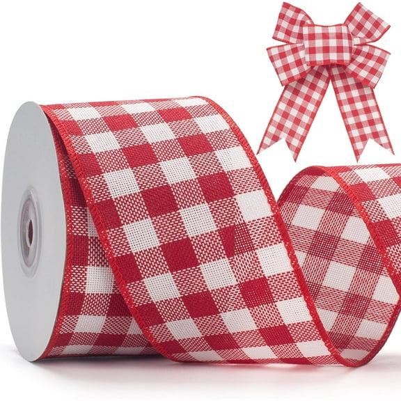 Buffalo Plaid Ribbon, 2.5 inch Wired Christmas Ribbon, 10 Yard Red and White Plaid Ribbon Check Burlap Ribbon for Big Bow, Wreath, Christmas Tree Decorations, Outdoor Decor