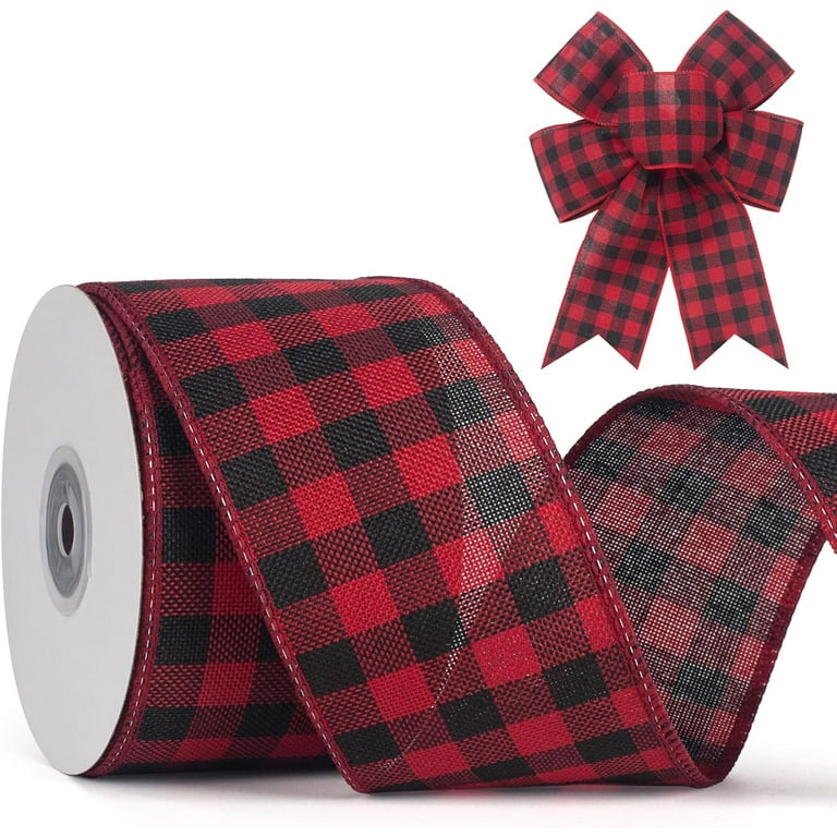 Christmas Wired Edge Plaid Ribbon - 2.5 Inch Wide, 6 Yards, Buffalo Check For Tree, Wreath, Gift Wrapping