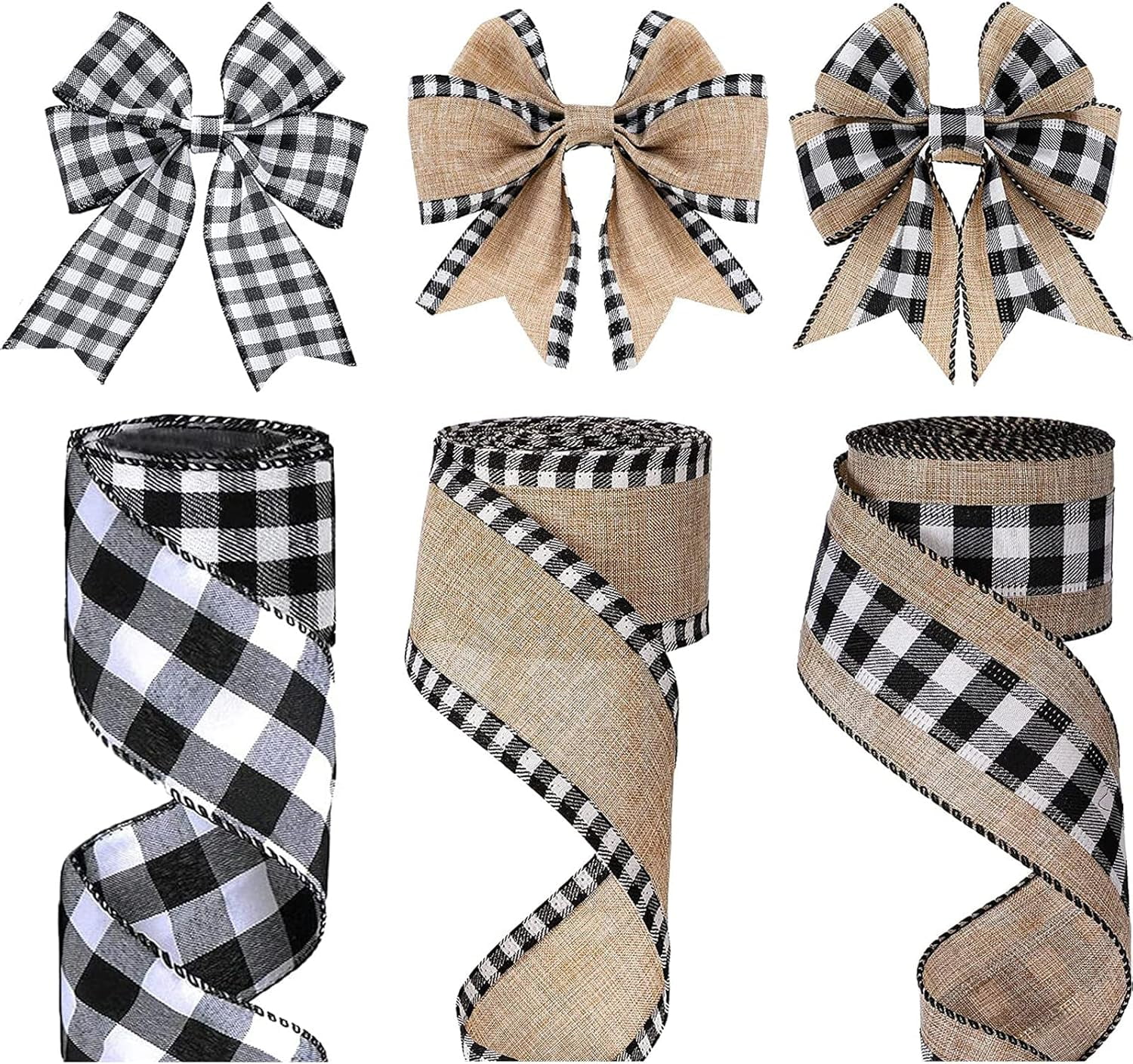 Buffalo Plaid Ribbons 3 Rolls 18 Yards Christmas Black and White Buffalo Checkered Ribbon Burlap Wired Edge Gingham Fabric Craft for DIY Bows Wrapping Wreath Xmas Tree Decoration