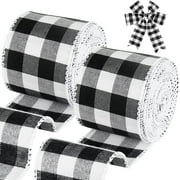 Buffalo Plaid Ribbons Wired Edges, 2 Rolls Black and White Checkered Ribbon for Christmas Tree Gift Decorations