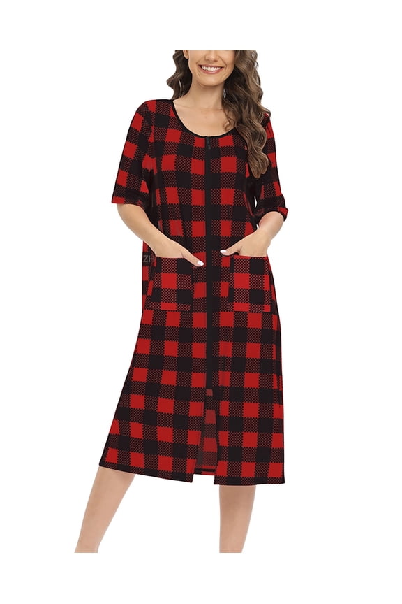 Buffalo Plaid Robe for Women - Medium Length Luxury Holiday Kimono Women's Nightgown Bathrobe with Pockets 3/4 Sleeve Pajamas Dress,Red S-2XL