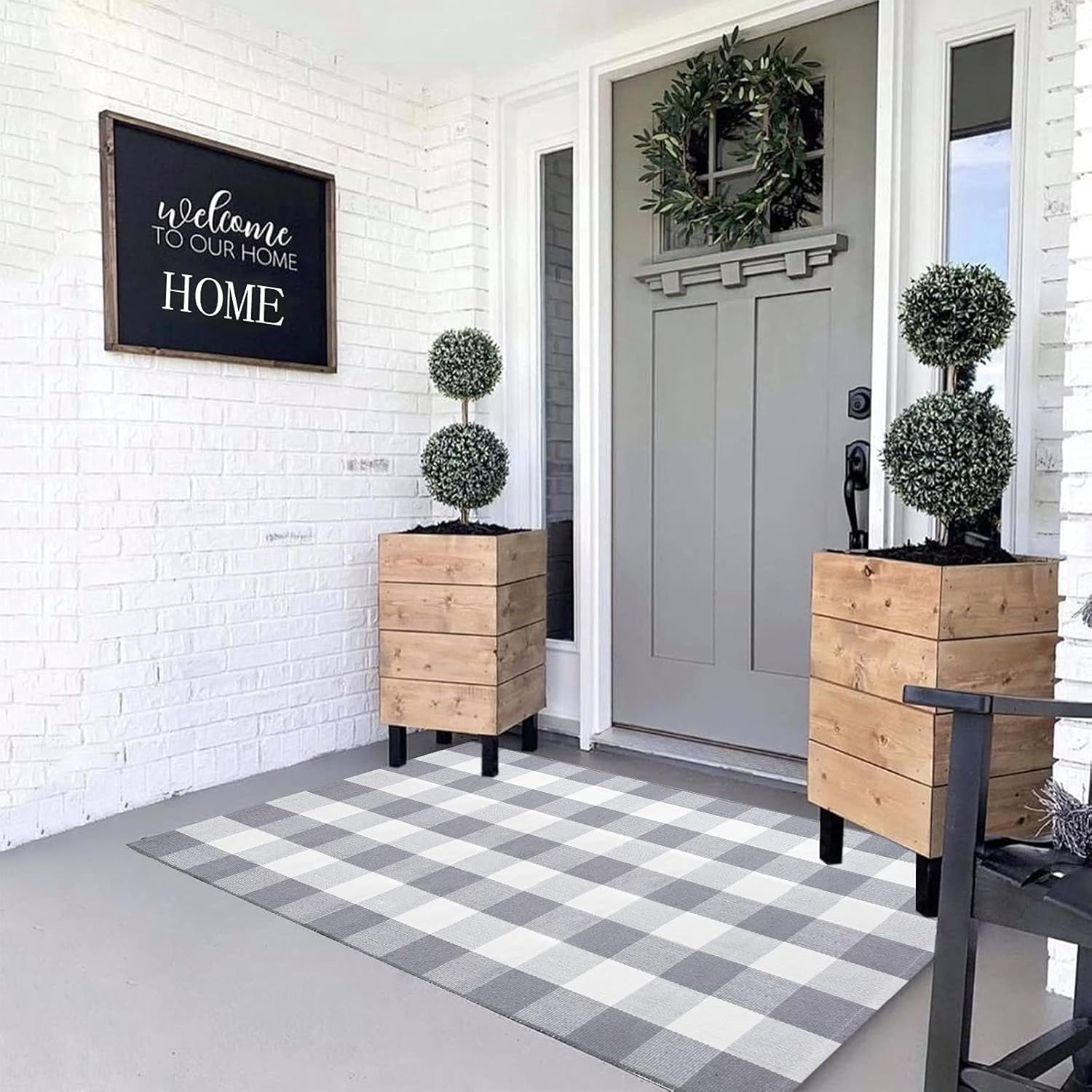 Buffalo Plaid Rug 125X65cm Grey and White Checked Rug Washable Doormats Indoor Outdoor Rugs for Layered Front Door Mats, Porch, Kitchen, Farmhouse, Entryway
