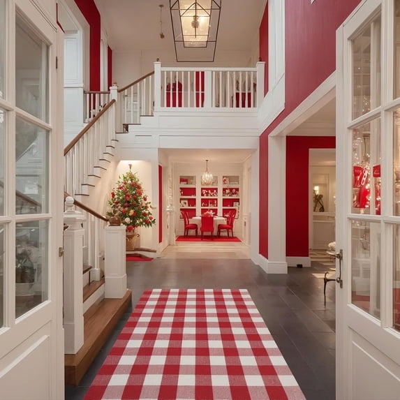 Buffalo Plaid Rug 130X60cm Red and White Checked Rug Washable Doormats Indoor Outdoor Rugs for Layered Front Door Mats, Porch, Kitchen, Farmhouse, Entryway
