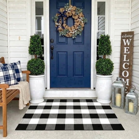Buffalo Plaid Rug 2'4''x 3'7'' Black and White Front Door Mat Reversible Layered Porch Rug Washable Hand Woven Cotton Area Rug for Indoor Outdoor Entryway Patio Porch Decor