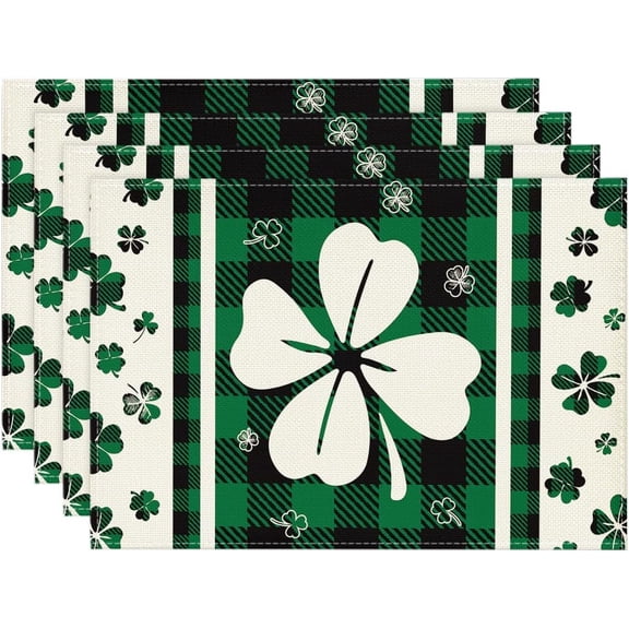 Buffalo Plaid Shamrock St. Patrick's Day Placemats Set of 4, 12x18 Inch Seasonal Holiday Table Mats for Party Kitchen Dining Decoration