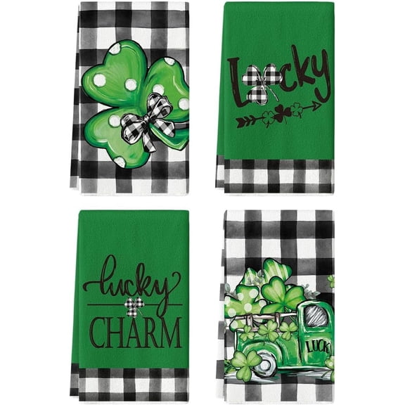 Buffalo Plaid Shamrocks Lucky Truck St. Patrick''s Day Kitchen Towels Dish Towels, 18x26 Inch Seasonal Spring Decoration Hand Towels Set of 4