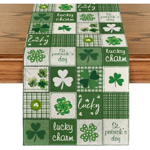 Buffalo Plaid Shamrocks St. Patrick's Day Table Runner, Spring Lucky Kitchen Dining Table Decoration for Home Party Decor