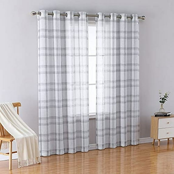Buffalo Plaid Sheer Curtain Panels, Checked Voile Curtains Linen Semi Panel Drapes Farmhouse Window Treatment for Living Room Bedroom, 52" W x 95" L, Taupe, Set of 2