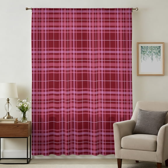 Buffalo Plaid Sheer Curtains 45 Inches Long for Bedroom, Deep Maroon Farmhouse Gingham Striped Light Filtering Privacy Drapes, Breathable Semi Sheer Short Window Treatment for Kitchen Cafe Bathroom
