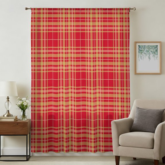 Buffalo Plaid Sheer Curtains 72 Inches Long for Living Room, Amber Orange Farmhouse Gingham Striped Light Filtering Privacy Drapes, Breathable Semi Sheer Window Treatment for Bedroom Dining Room