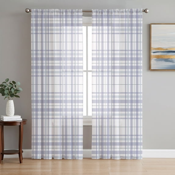 Buffalo Plaid Sheer Curtains 84 Inches Long, Lavender Lilac Farmhouse Minimalist Striped Light Filtering Window Curtains for Living Room, Rod Pocket Voile Sheer Curtain Drapes, 52"W x 84"L, 2 Panels