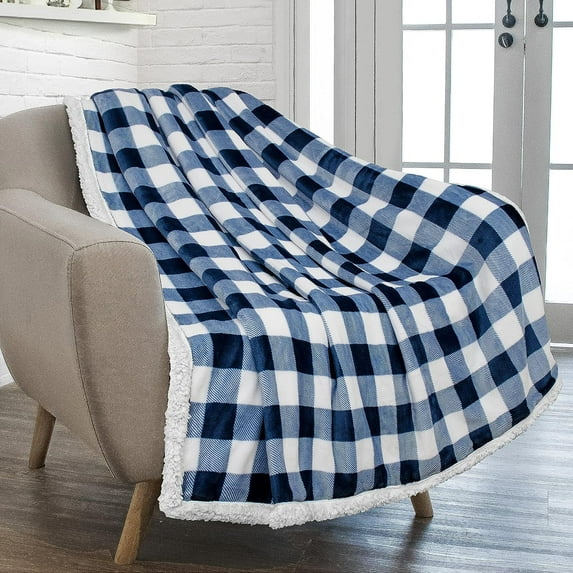 Buffalo Plaid Sherpa Blanket Throw | Fuzzy White Navy Blue Checkered Flannel Fleece Blanket for Couch Bed | Fluffy Warm Soft Plush Microfiber Blanket | 50x60