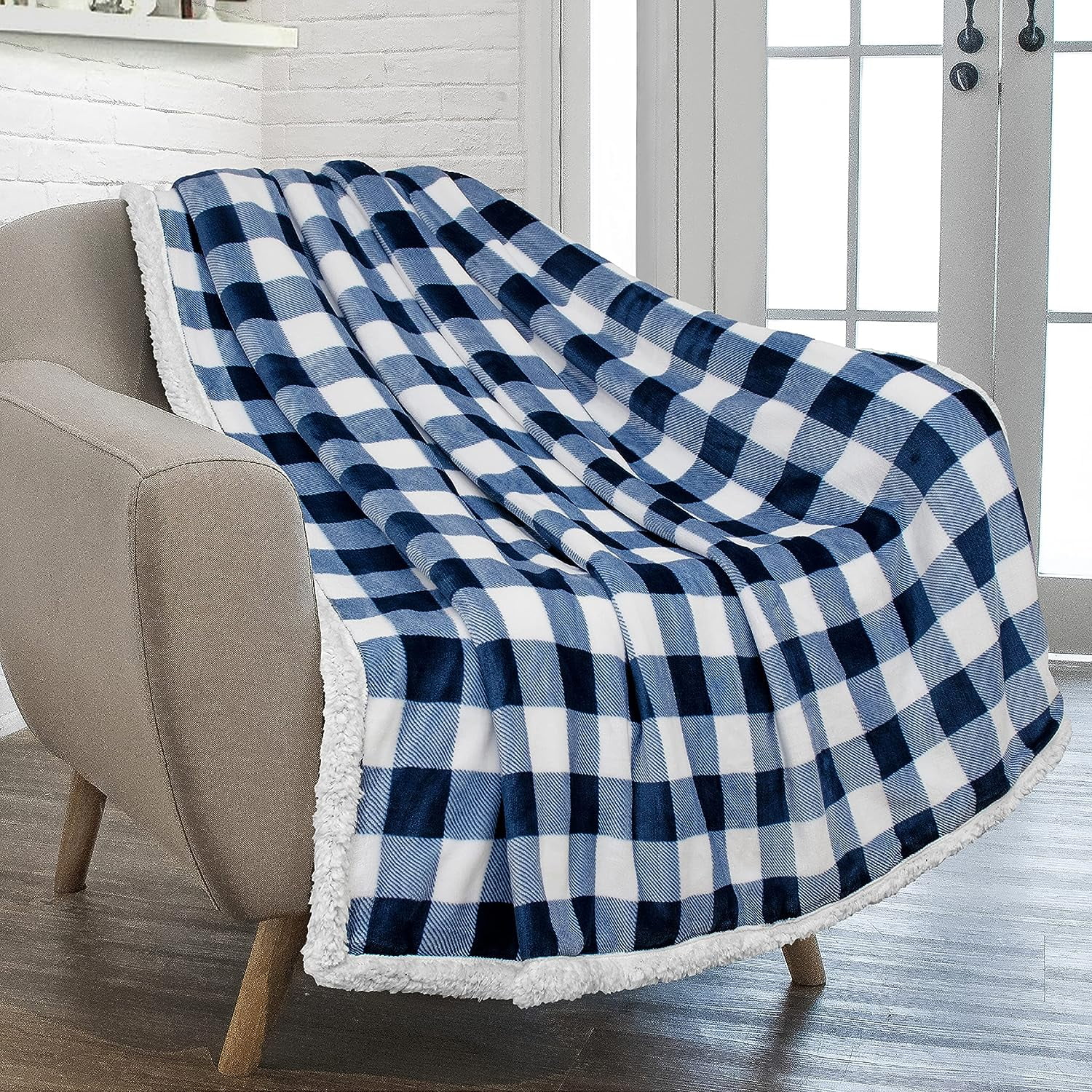 Checker Navy and White Reversible Sherpa Fleece Throw Blanket