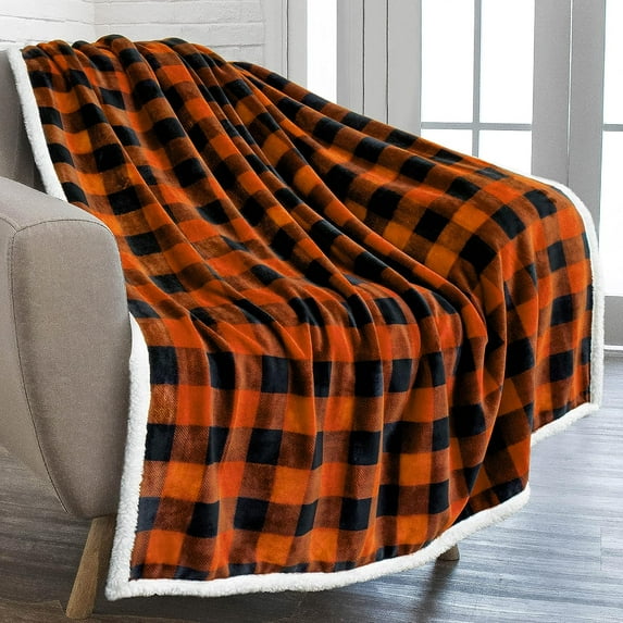 Buffalo Plaid Sherpa Blanket Throw Twin | Fuzzy Orange Checkered Flannel Fleece Blanket for Couch Bed | Fluffy Warm Soft Plush Microfiber Blanket | 60x80