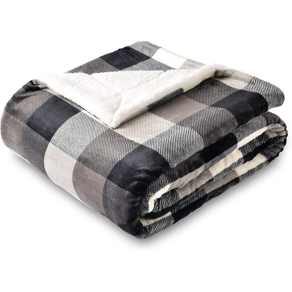 Buffalo Plaid Sherpa Fleece Throw Blanket, Double-Sided Checkered Super Soft Luxurious Bedding Blanket 60 x 80 inches, Black/White