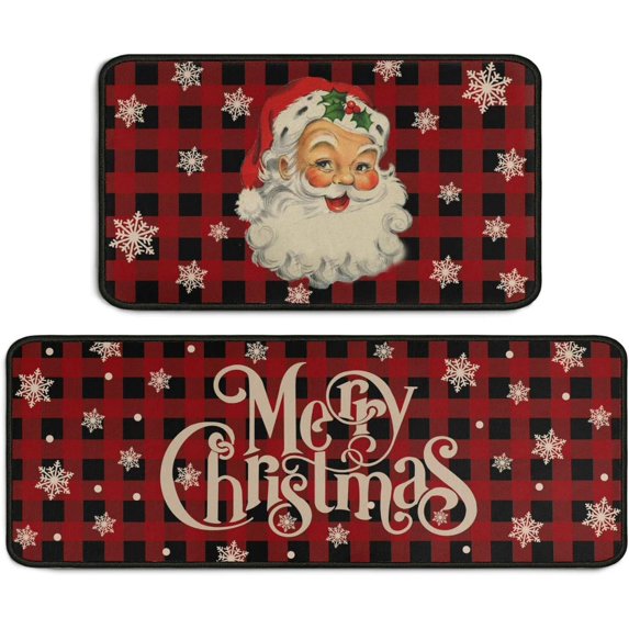 Buffalo Plaid Snow Santa Christmas Kitchen Rug Set of 2, Non-Slip Washable Kitchen Floor Mats for Winter Home Kitchen Christmas Decor, Red and Black Plaid 17x30+17x47inch
