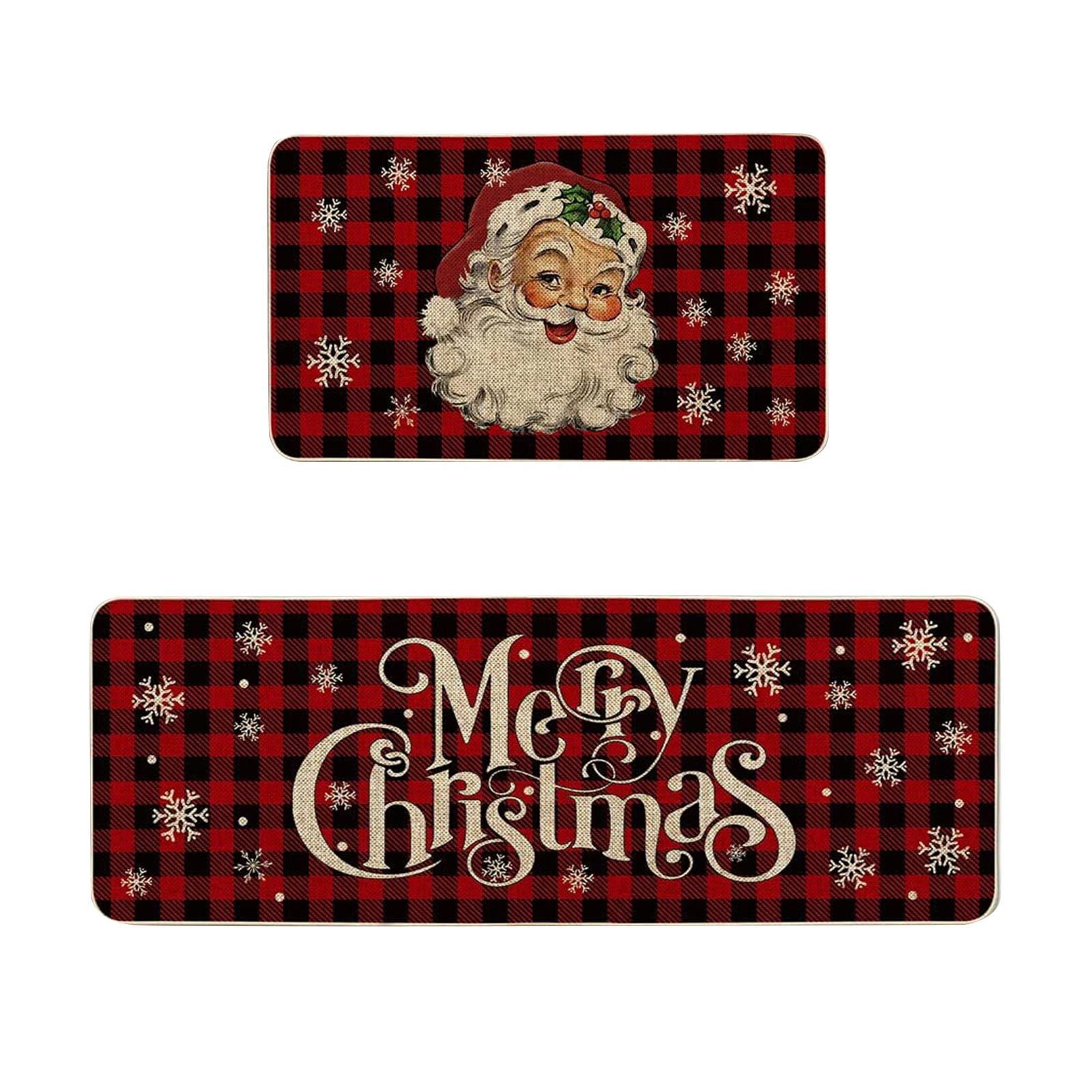 Buffalo Plaid Snow Santa Claus Christmas Kitchen Rugs Set of 2, Winter Floor Mat Merry Christmas