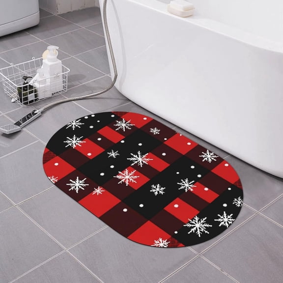 Buffalo Plaid Snowflake Bath Mat Christmas Diatomaceous Earth Bathroom Rugs Absorbent Stone Bath Mat Fast Drying Shower Rug Non Slip Doormat 15.7" x 23.6"