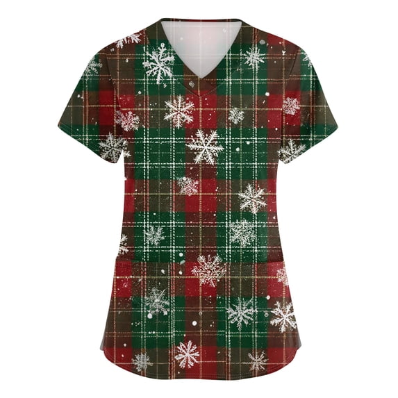 Side Slit Tee Christmas Print V-Neck Scrub Top for Women Short Sleeve Workwear with ...