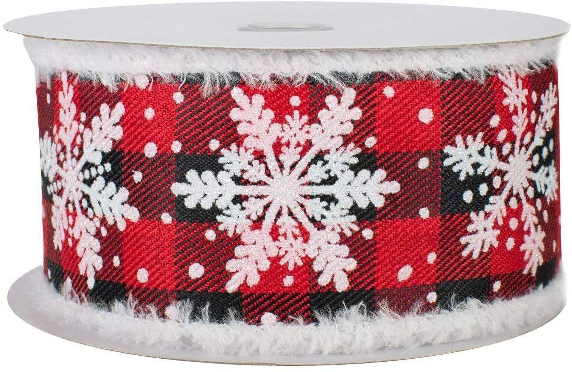 Buffalo Plaid Snowflake Wired Ribbon - 2 1/2" x 10 Yards, Red & Black Checks, Christmas, Wreath, Fuzzy Flocked Edges, Wreath