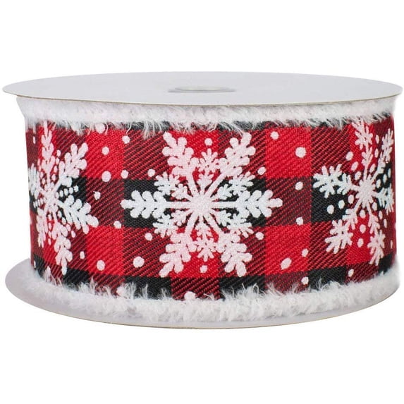 Buffalo Plaid Snowflake Wired Ribbon - 2 1/2" x 10 Yards, Red & Black Checks, Christmas, Wreath, Fuzzy Flocked Edges, Wreath