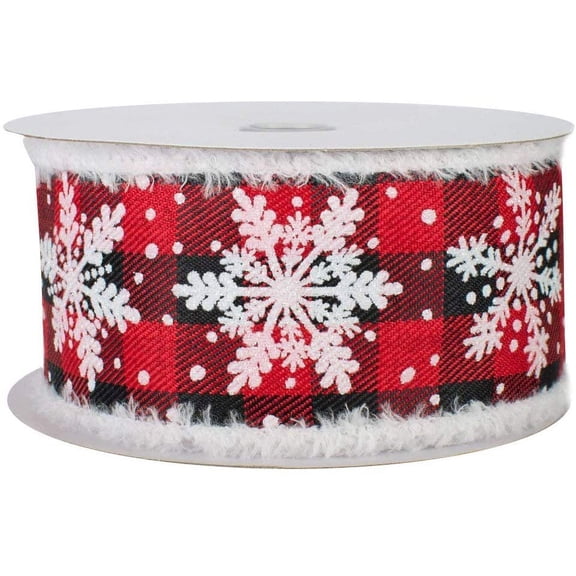 Buffalo Plaid Snowflake Wired Ribbon - 2 1/2" x 10 Yards, Red & Black Checks, Christmas, Wreath, Fuzzy Flocked Edges, Wreath