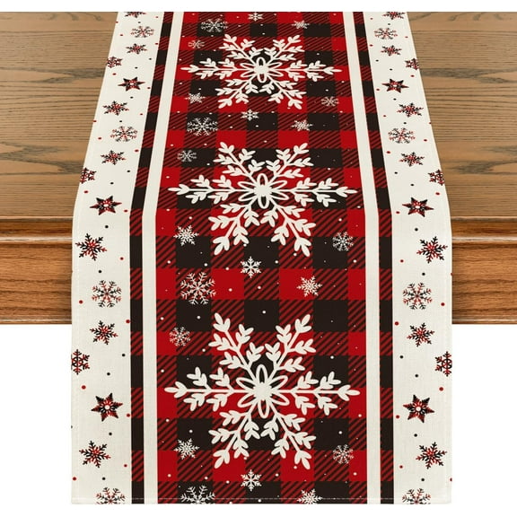 Buffalo Plaid Snowflakes Christmas Table Runner, Seasonal Winter Kitchen Dining Table Decoration for Home Party Decor 13x48 Inch