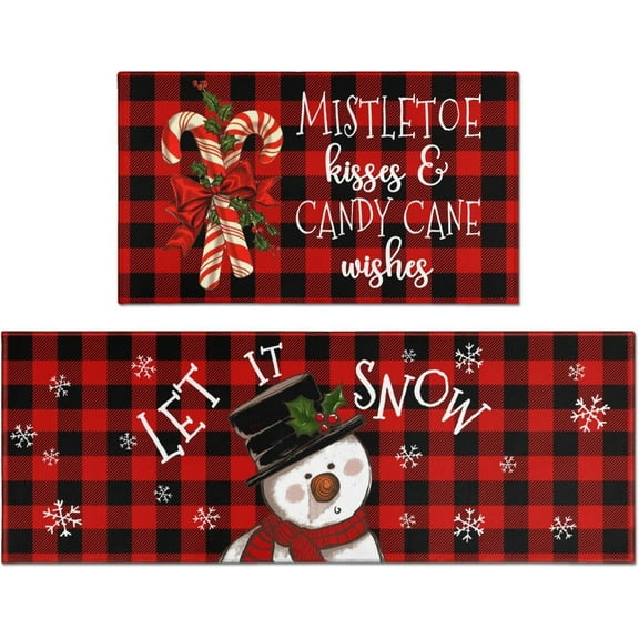 Buffalo Plaid Snowman Christmas Kitchen Rugs and Mats Set 2 Piece for Floor,Let It Snow Xmas Winter Holiday Non Skid Low-Profile Sink Rug Mat Decorations for Home Kitchen 18"x48"+18"x30"