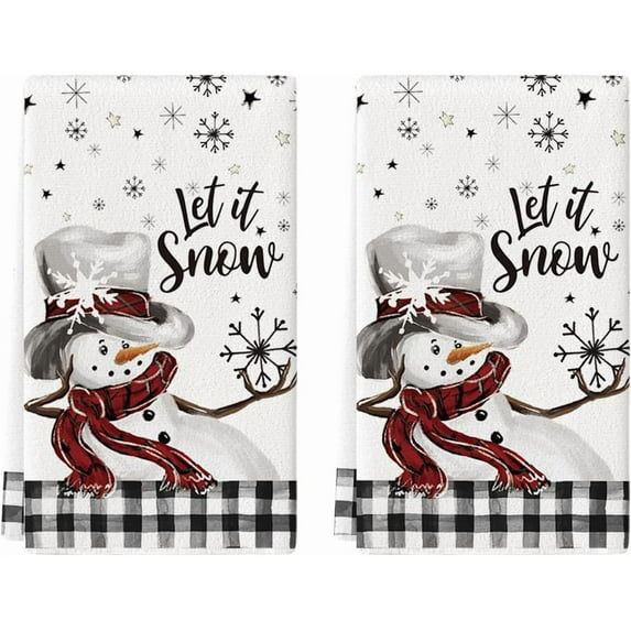 Buffalo Plaid Snowman Winter Kitchen Towels Dish Towels, 18x26 Inch Daily Seasonal Christmas Decoration Hand Towels Set of 2