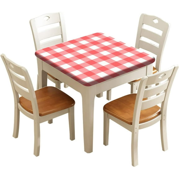 Buffalo Plaid Square Fitted Polyester Tablecloth, Red White Lattice Elastic Edge Decor Tablecloths, Dust & Wrinkle Proof Fabric Table Cover, For Indoor Picnic BBQ Table Cloth Use, Fits 36"x36" Table