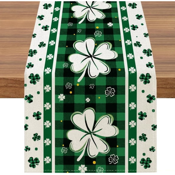 Buffalo Plaid St. Patrick’s Day Table Runner, Green Shamrock Clover Holiday Farmhouse Home Kitchen Dining Table Decoration, 13x72 Inch