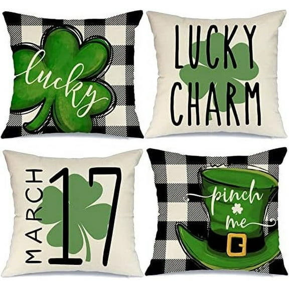 Buffalo Plaid St Patricks Day Pillow Covers 18x18 Set of 4 St Patricks Day Decorations for Home Shamrock Lucky Charm St Patricks Decorative Throw Pillows Farmhouse St Patricks Day Decor