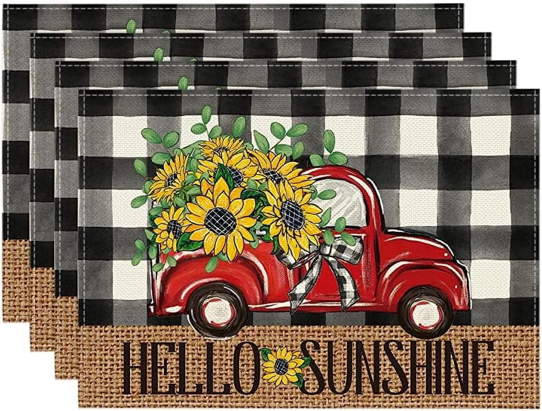 Buffalo Plaid Sunflower Truck Placemats for Dining Table, 12 x 18 Inch ...