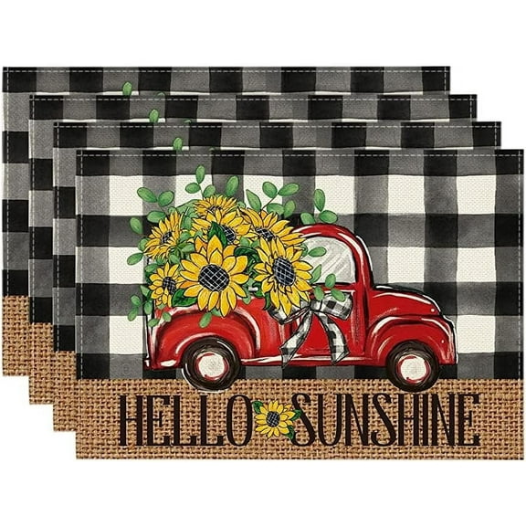 Buffalo Plaid Sunflower Truck Placemats for Dining Table, 12 x 18 Inch Summer Fall Decoration Rustic Vintage Washable Table Mats Set of 4