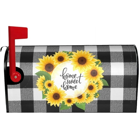 Buffalo Plaid Sunflower Wreath Mailbox Covers Magnetic Standard Size 18" X 21" Home Sweet Home Mailbox Cover Decorations Wrap