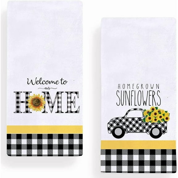 Buffalo Plaid Sunflowers Kitchen Dish Towel 18 x 26 Inch Set of 2, Seasonal Spring Summer Sunflower Trucks Tea Towels Dish Cloth for Cooking Baking