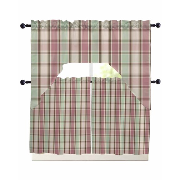 Buffalo Plaid Swag Curtains for Living Room/Bedroom Windows, Farmhouse Red Green Beige Check Gingham Kitchen Curtains and Valances Set 36 Inch Length, Light Filtering Swags Valance Curtain Panels