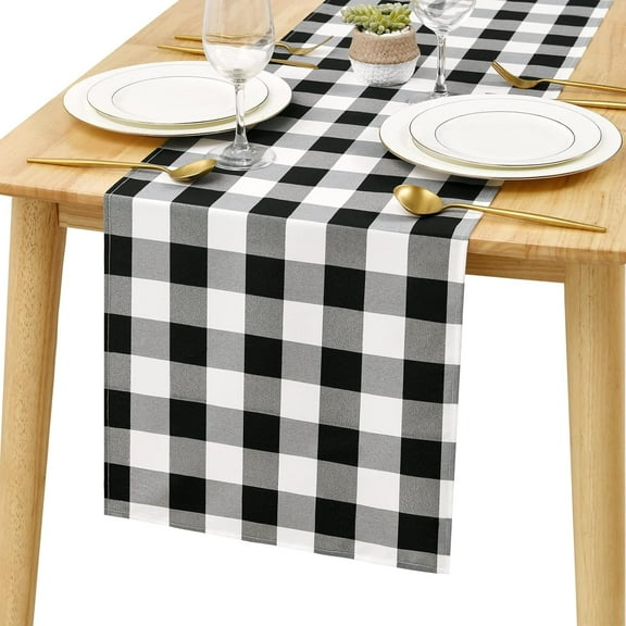 Buffalo Plaid Table Runner Black and White, Classic Farmhouse Tabletop Collection, Waterproof Table Runner for Kitchen Dining, Banquet, Restaurant, Outdoor Use, 14W x 36L, 1 Piece