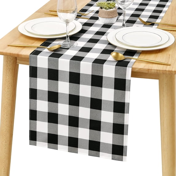 Buffalo Plaid Table Runner, Classic Farmhouse Black and White Tabletop Collection, Waterproof Table Runner for Kitchen Dining, Banquet, Restaurant, Outdoor Use, 14W x 72L, 1 Piece